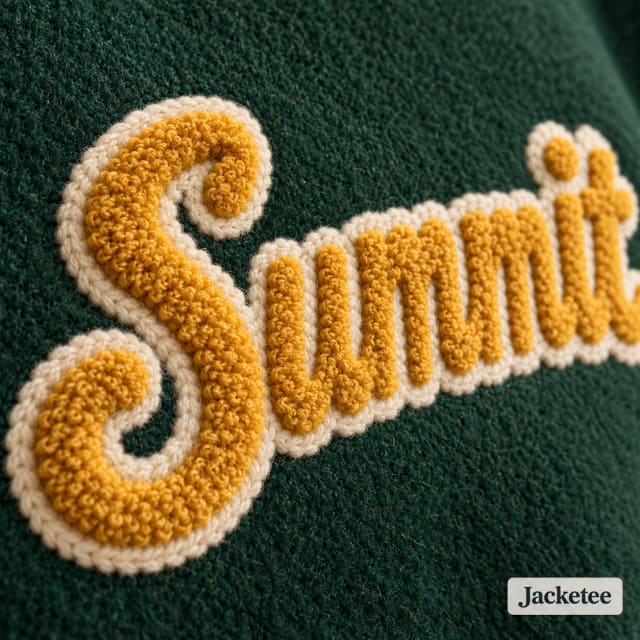 Gold and cream fluffy chenille wordmark "Summit" sewn DIRECTLY into forest green wool; no separate fabric backing or patch, macro yarn loops rising from fabric