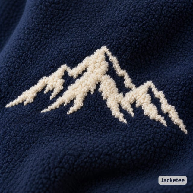 Original cream fluffy chenille mountain silhouette stitched DIRECTLY into navy fleece, no felt backing, no border patch, tactile looped yarn
