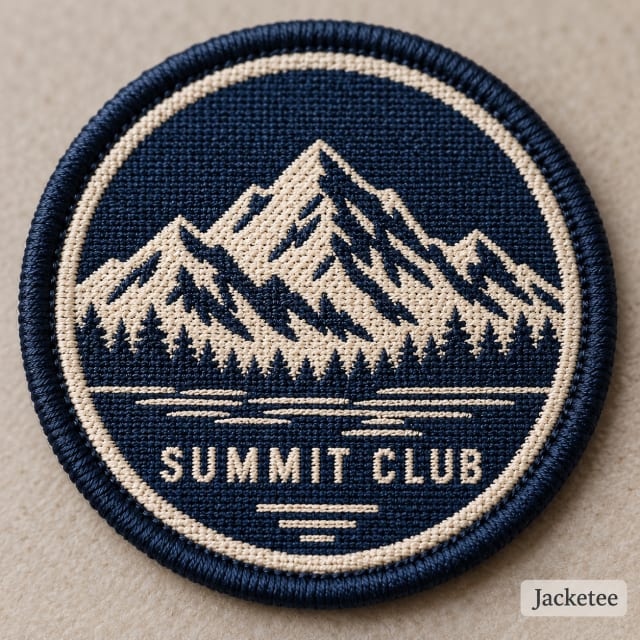 Macro product shot of a thin flat woven navy and cream mountain club patch, precise tiny threads visible, fine small lettering "SUMMIT CLUB"