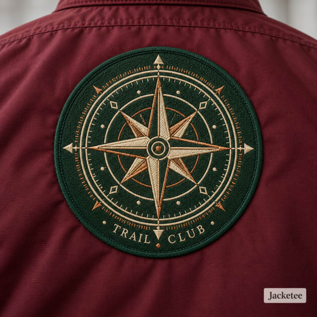 Thin flat forest green woven compass crest attached to burgundy jacket back; cream and copper fine intricate geometric detail and small lettering "TRAIL CLUB"