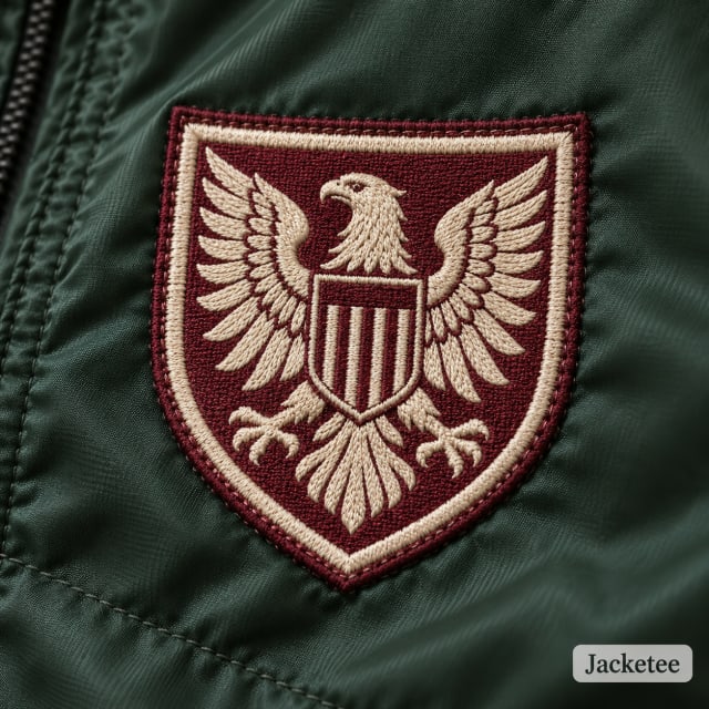 Thin flat burgundy and cream woven eagle shield patch sewn on forest green nylon chest, detailed fine-thread weave, original emblem