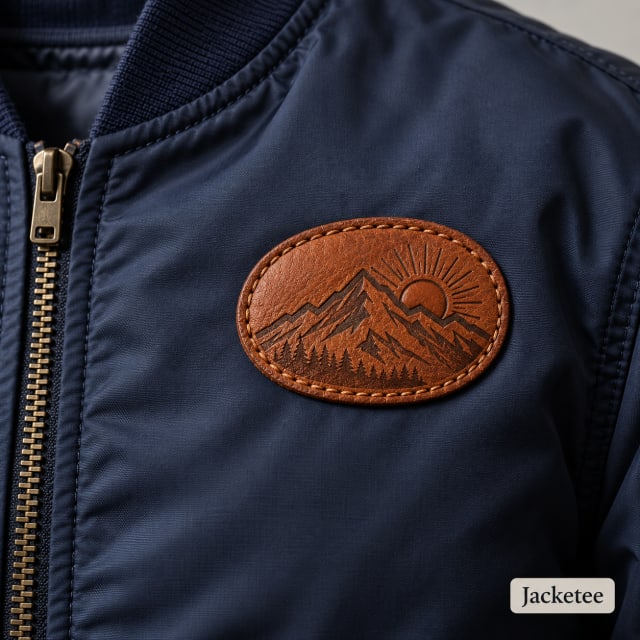 Small cognac leather oval patch stitched onto navy bomber chest; deeply debossed original mountain-and-sun emblem, natural leather grain, edge stitch
