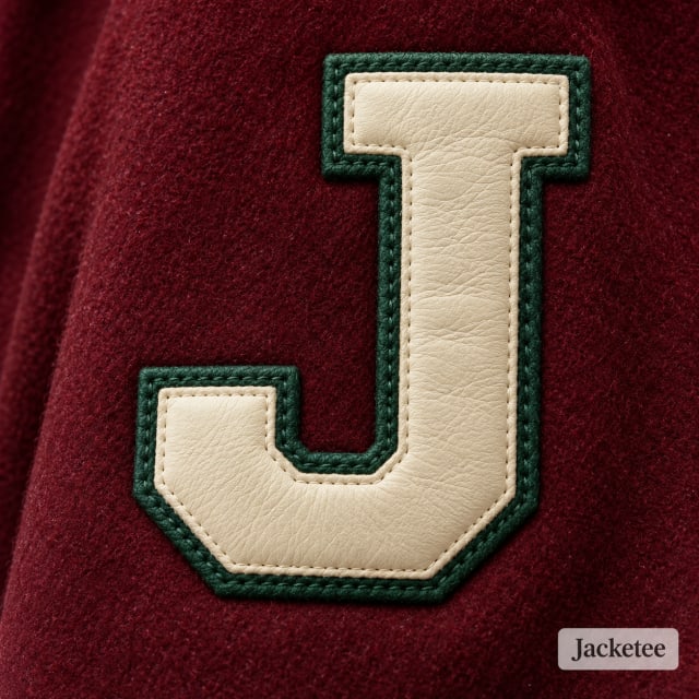 Cream leather varsity J letter patch on burgundy wool chest with dark green stitched outline