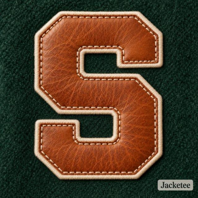 Cognac cowhide leather letter S on forest green wool, tactile natural grain and precise cream edge stitches