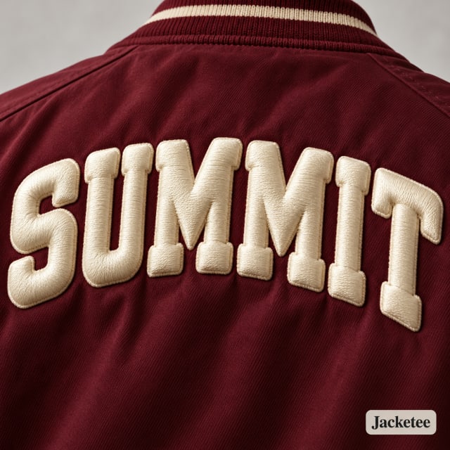 Word "SUMMIT" in large cream 3D puff embroidery on burgundy jacket back