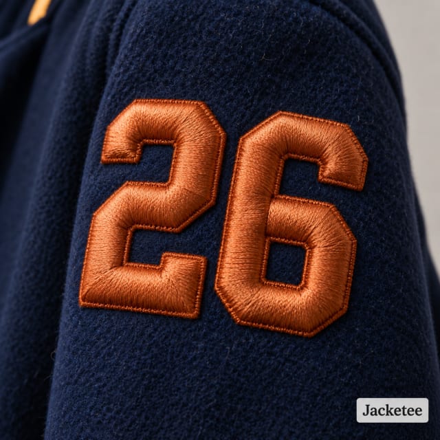Raised number "26" in copper 3D puff embroidery directly on navy wool sleeve, rounded satin stitched volume, no applique backing