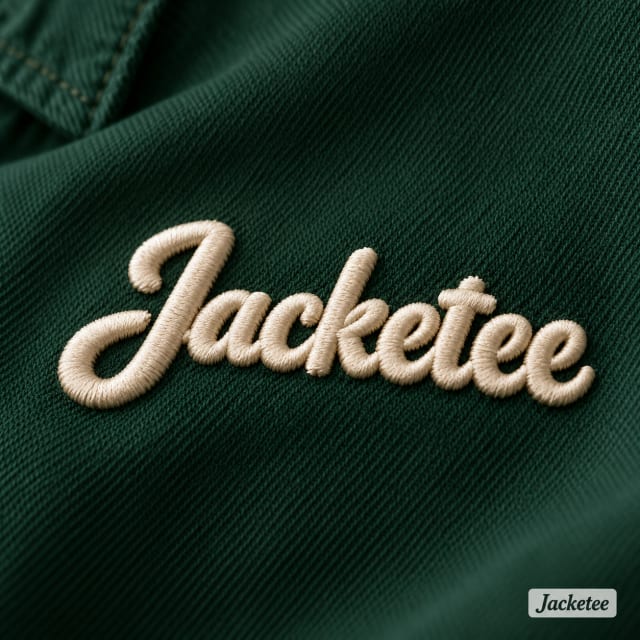 Small word "Jacketee" in cream 3D puff embroidery directly on forest green twill chest, pronounced raised dense satin stitches, no felt patch