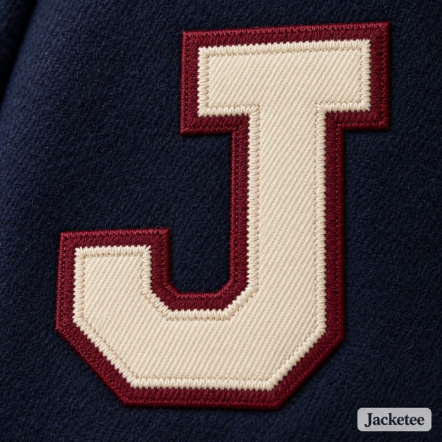 Cream woven twill J letter with burgundy secondary layer stitched onto navy wool chest, smooth flat fabric applique with tight zigzag edge stitch