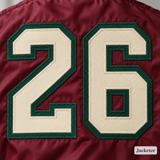 Large cream number "26" with forest green border in flat woven tackle-twill fabric applique on burgundy jacket back, visible tight zigzag border stitches