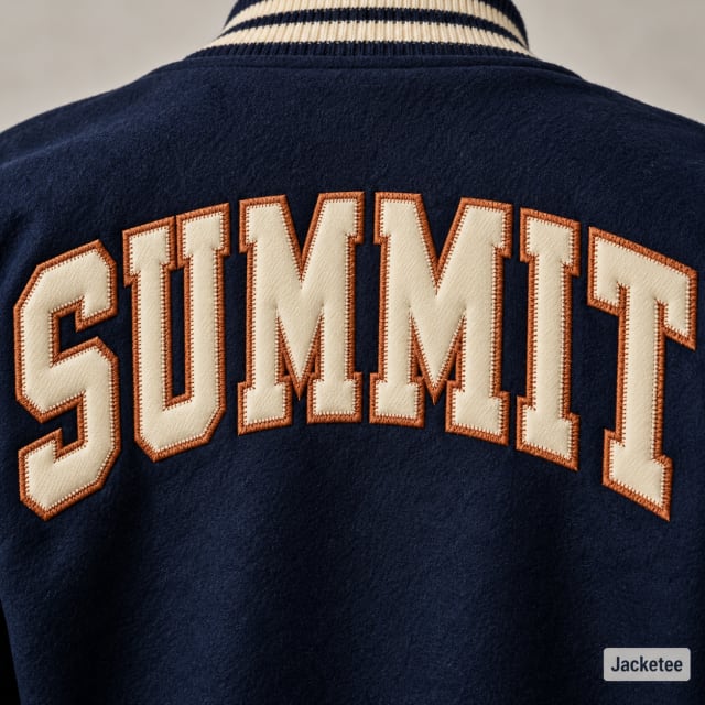 Word "SUMMIT" in cream and copper flat tackle-twill cut fabric letters across navy varsity jacket back, sharp edges sewn with zigzag stitches