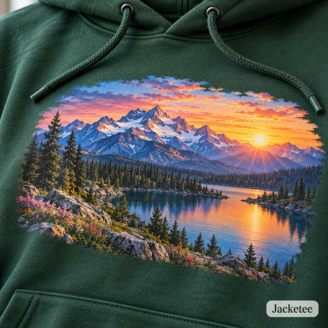 Original colorful mountain landscape with sunrise gradient printed as a flat DTF transfer on forest green cotton hoodie chest