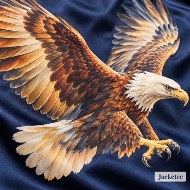 Macro of original colorful soaring eagle illustration flat DTF transfer on navy satin, nuanced copper gold cream gradients and fine full color lines; no embroidered texture or stitches