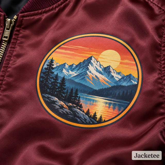 Original colorful mountain club badge graphic flat DTF printed onto burgundy satin chest, flat ink film, precise gradients