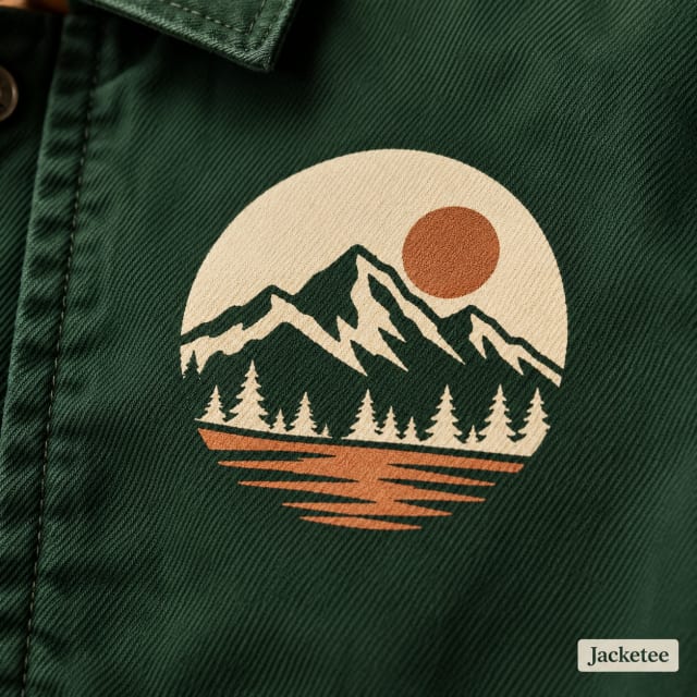Original minimalist cream and copper mountain club logo SCREEN PRINTED in two solid ink colors onto forest green cotton twill, smooth opaque ink, no thread, no patch