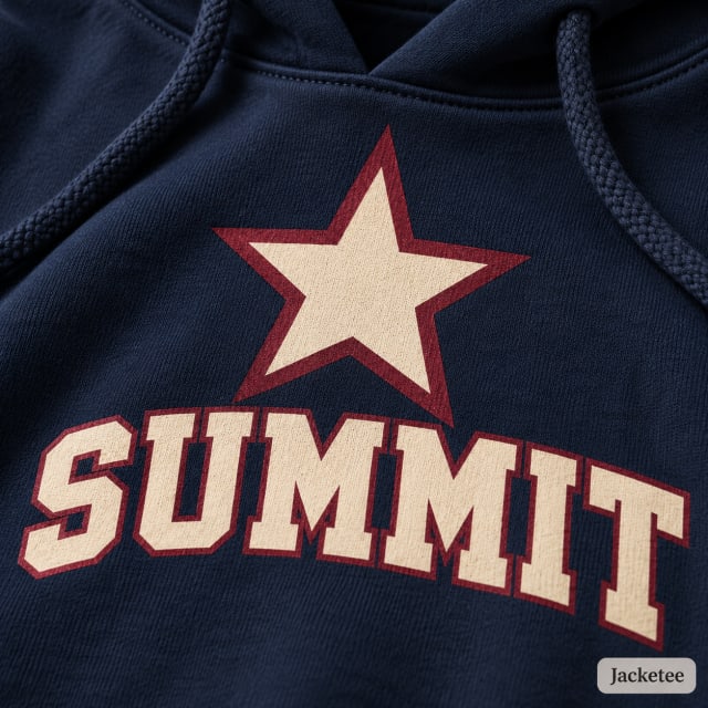 Close-up of cream and burgundy flat SCREEN PRINTED star and word "SUMMIT" on navy cotton hoodie chest, crisp opaque ink with slight fabric grain