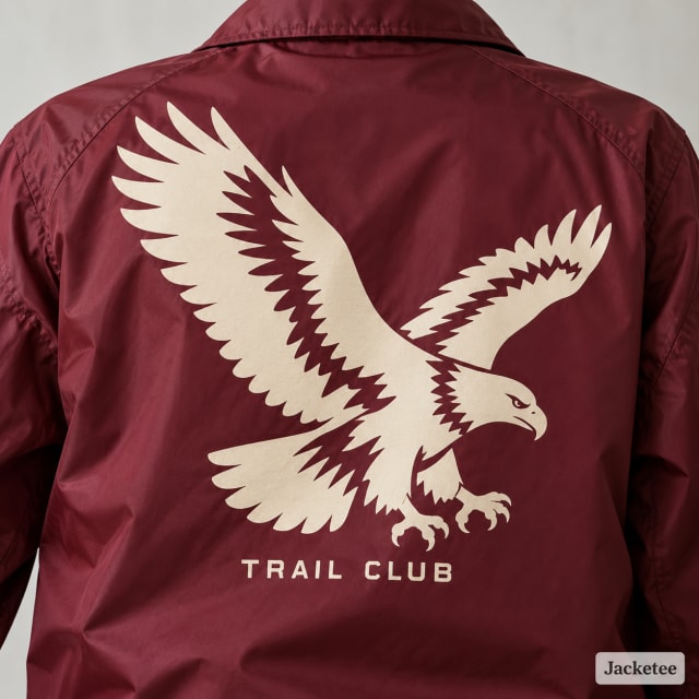 Original bold cream eagle silhouette and small words "TRAIL CLUB" SCREEN PRINTED across burgundy coach jacket back
