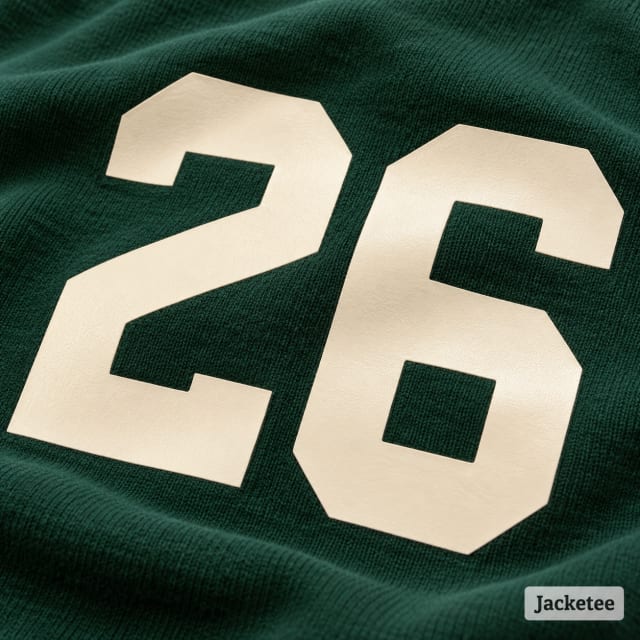 Cream number "26" cut from flat smooth HTV vinyl heat transferred onto forest green cotton fleece