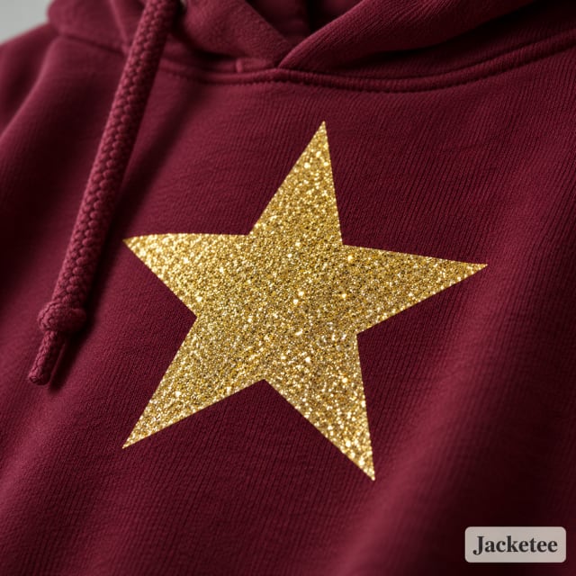 Gold glitter HTV star transfer on burgundy cotton hoodie; fine glitter sparkles in smooth bonded vinyl