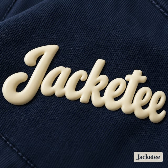 Cream word "Jacketee" in rounded raised PUFF HTV vinyl on navy cotton twill, smooth raised vinyl, no stitching or yarn