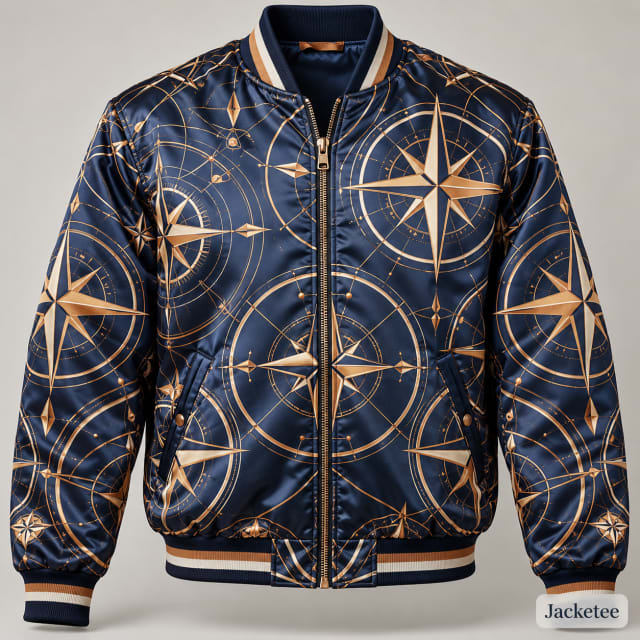 Full polyester satin bomber jacket with all-over original navy, copper and ivory geometric compass pattern SUBLIMATED into fabric, smooth flat dyed fibers