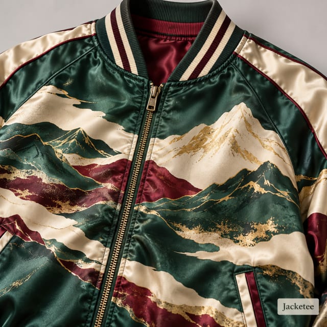 Polyester satin jacket with original forest green, cream, burgundy and gold abstract mountain pattern SUBLIMATED into the fibers, smooth silky fabric, no stickers, no patches, no embroidery