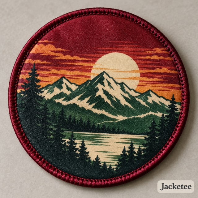 Flat polyester satin patch with original burgundy forest green cream sunrise mountain graphic SUBLIMATED into fibers, smooth fine weave, slight edge stitch only