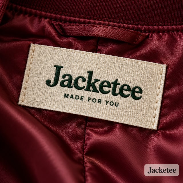 Close macro of cream woven neck label with fine forest green text "Jacketee" and small "MADE FOR YOU", sewn into burgundy satin jacket lining, realistic woven threads