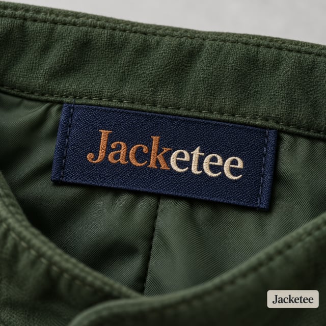 Navy woven brand label with copper and cream text exactly "Jacketee" stitched into forest green jacket neck seam