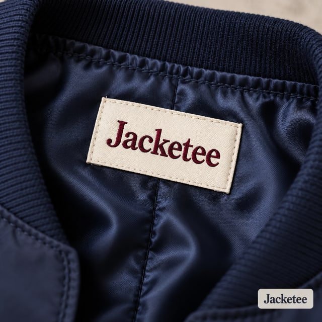 Cream woven inside neck label with burgundy text "Jacketee" sewn into navy satin lining; close product photo showing small tag and clean seam
