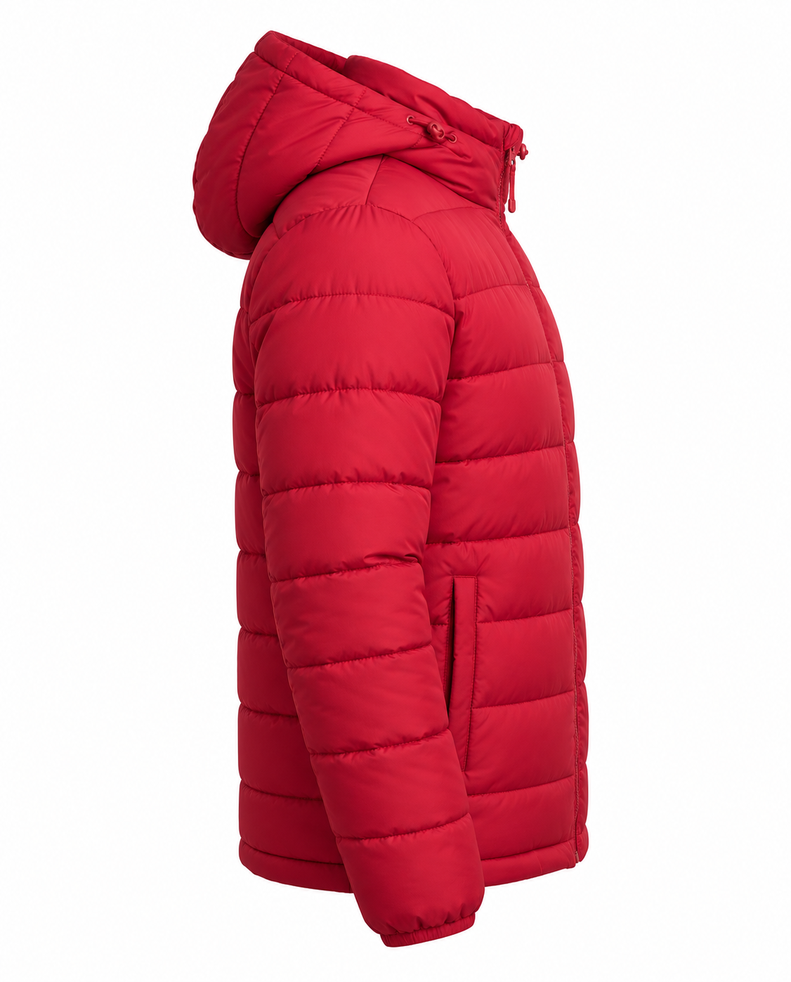 Red Puffer Jacket For Mens And Women Right Sleeve View
