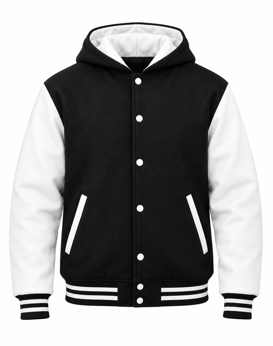 Black Wool and White Leather Sleeves Varsity Hoodie Jacket Front View