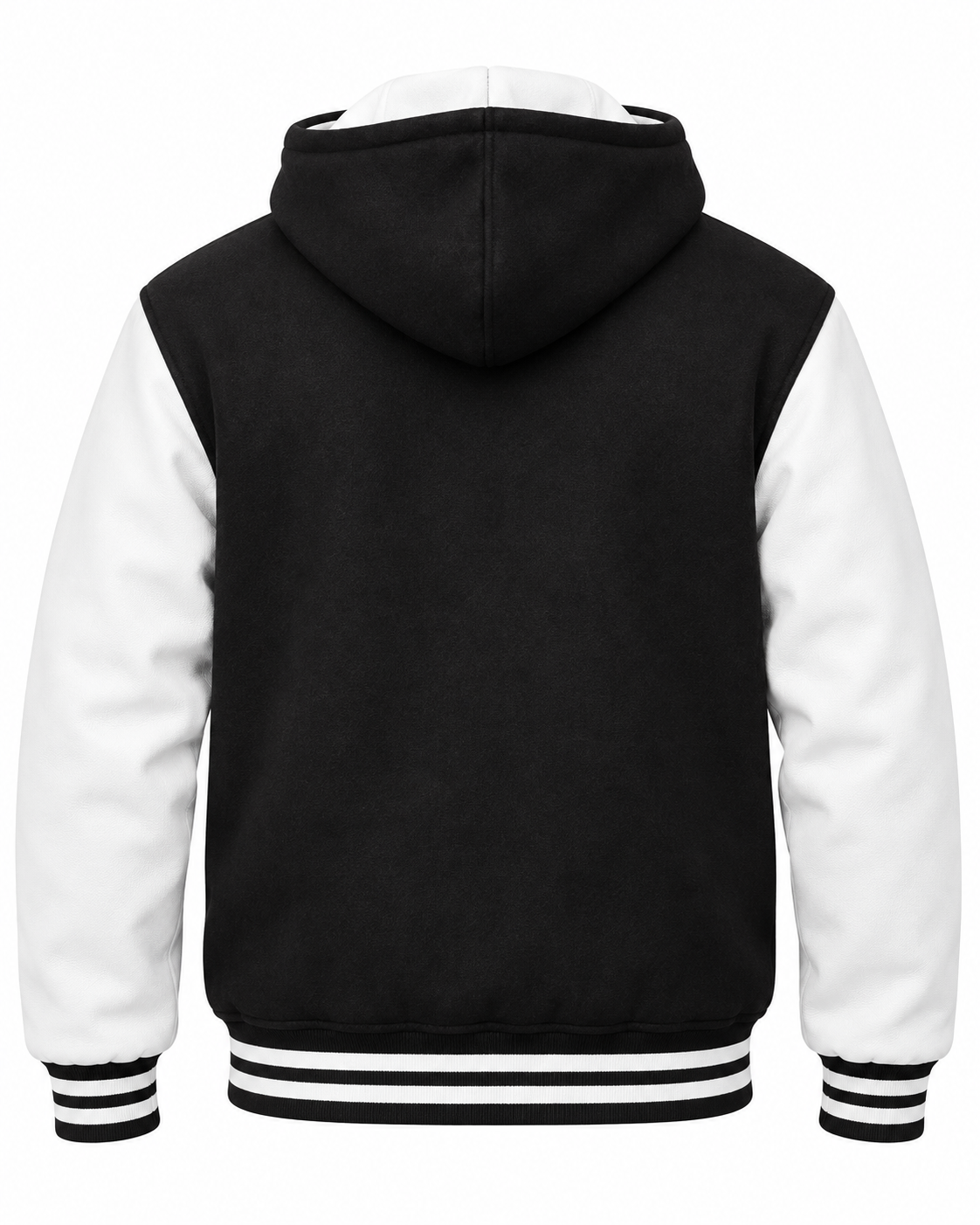Black Wool and White Leather Sleeves Varsity Hoodie Jacket Back View