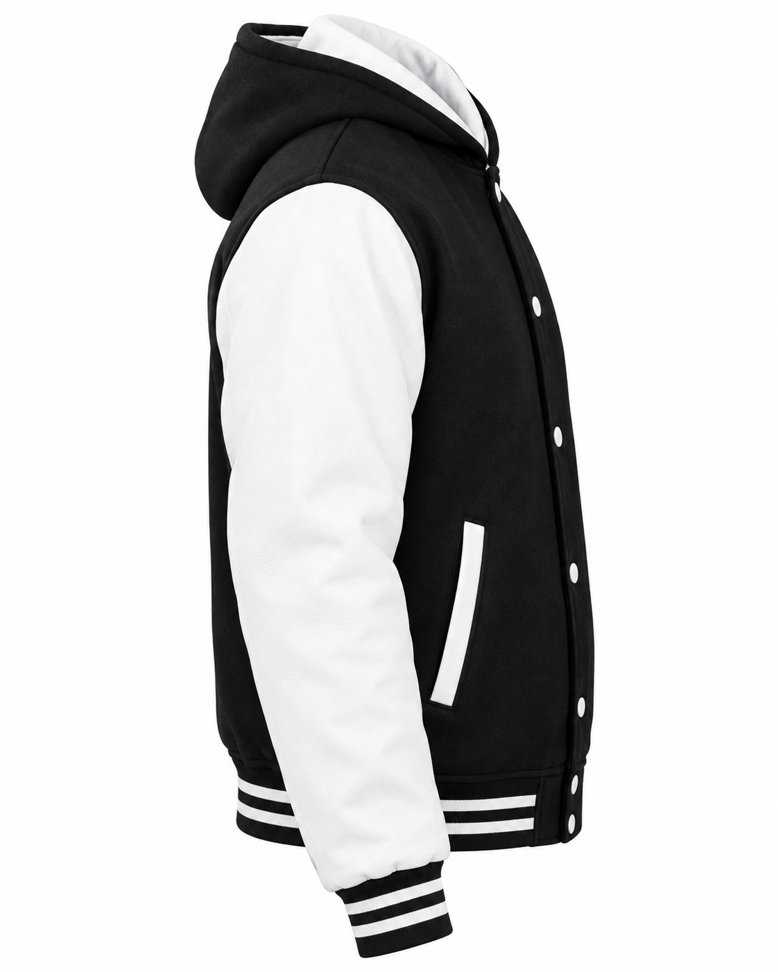 Black Wool and White Leather Sleeves Varsity Hoodie Jacket Right Sleeve View