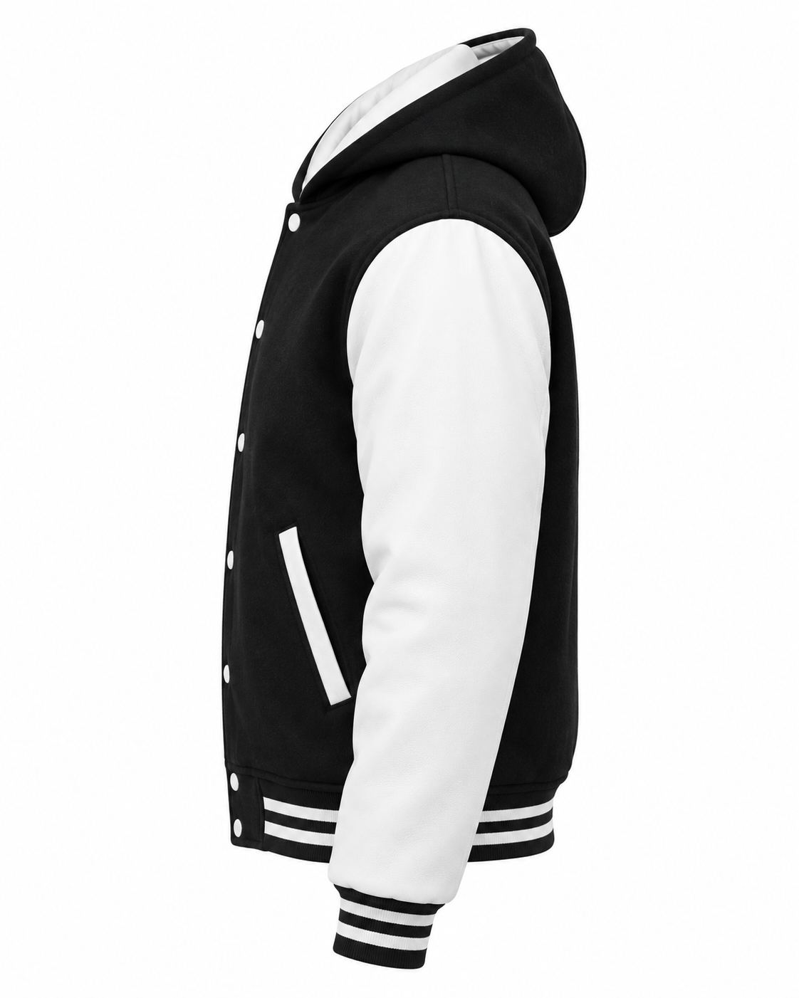 Black Wool and White Leather Sleeves Varsity Hoodie Jacket Left Sleeve View