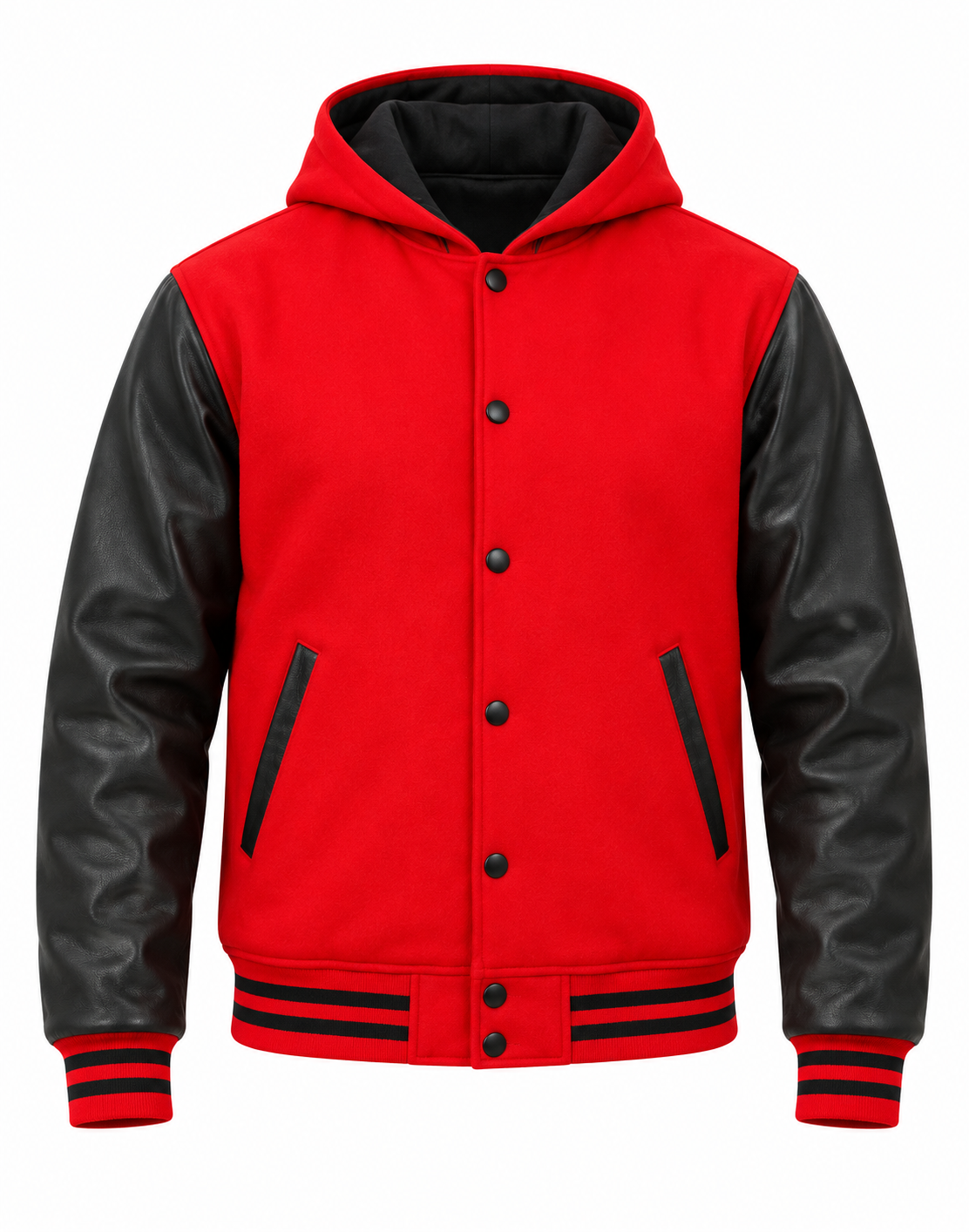 Red Wool and Black Leather Sleeves Varsity Hoodie Front View