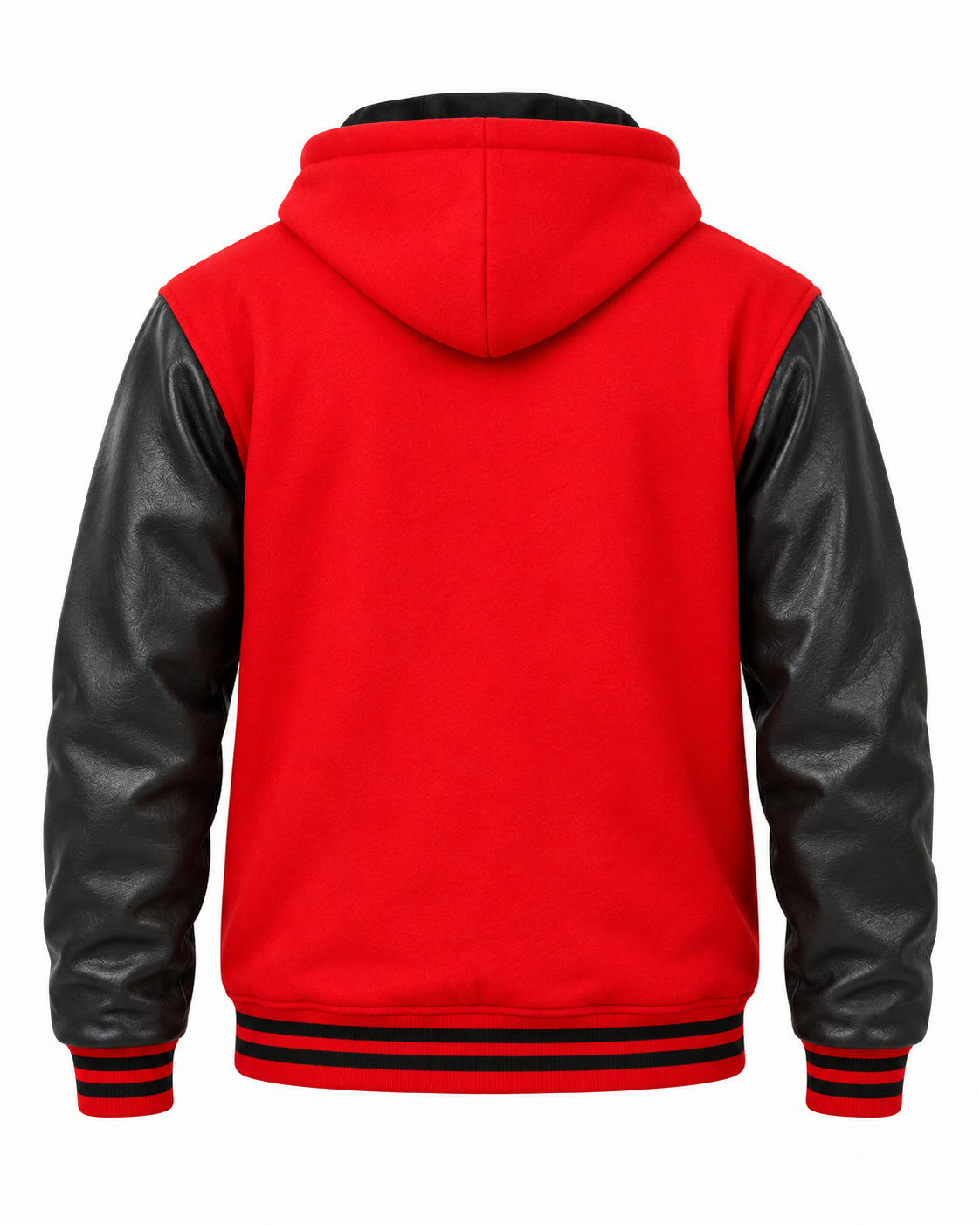 Red Wool and Black Leather Sleeves Varsity Hoodie Back View