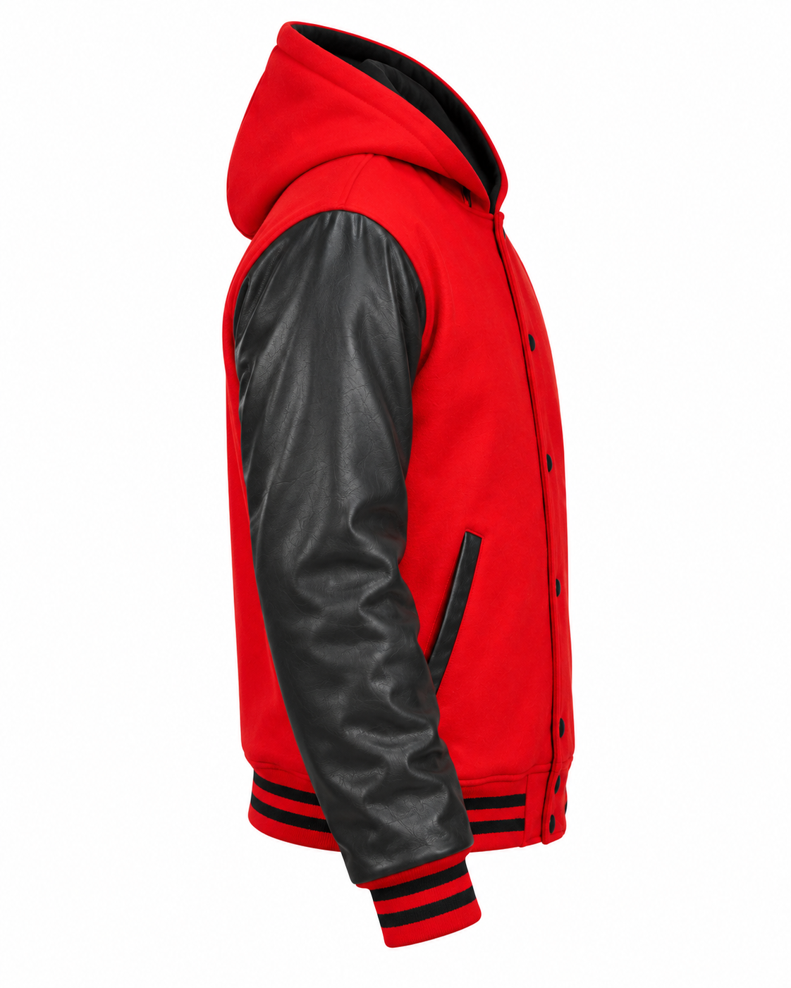 Red Wool and Black Leather Sleeves Varsity Hoodie Right Sleeve View