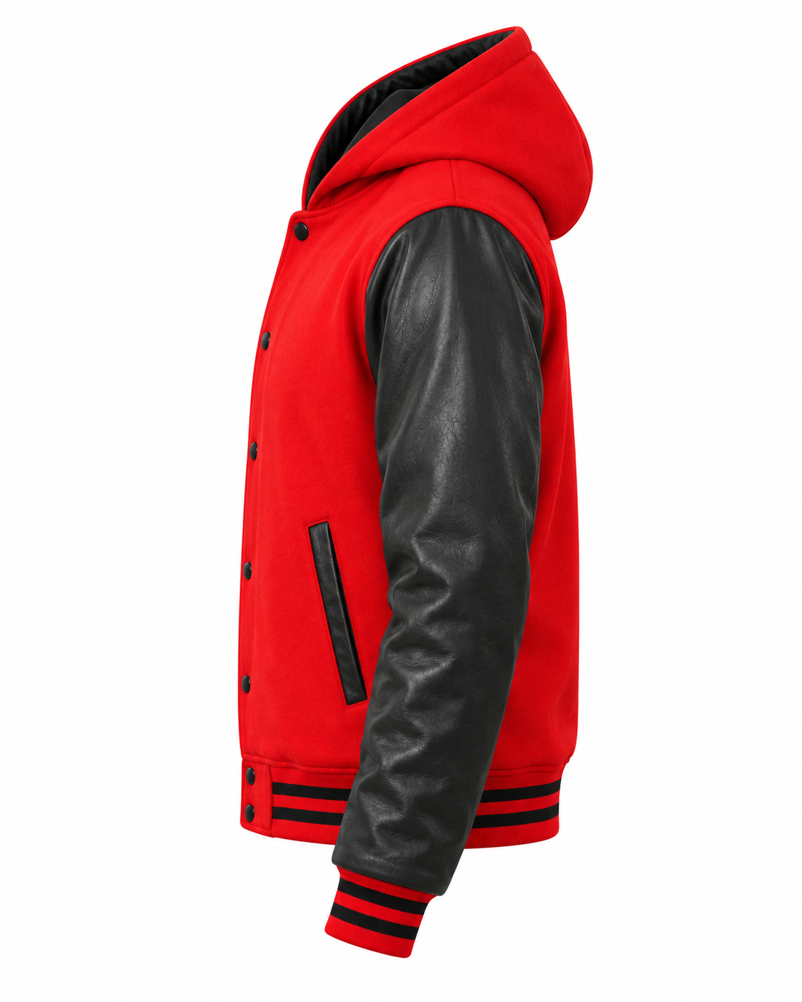 Red Wool and Black Leather Sleeves Varsity Hoodie Left Sleeve View