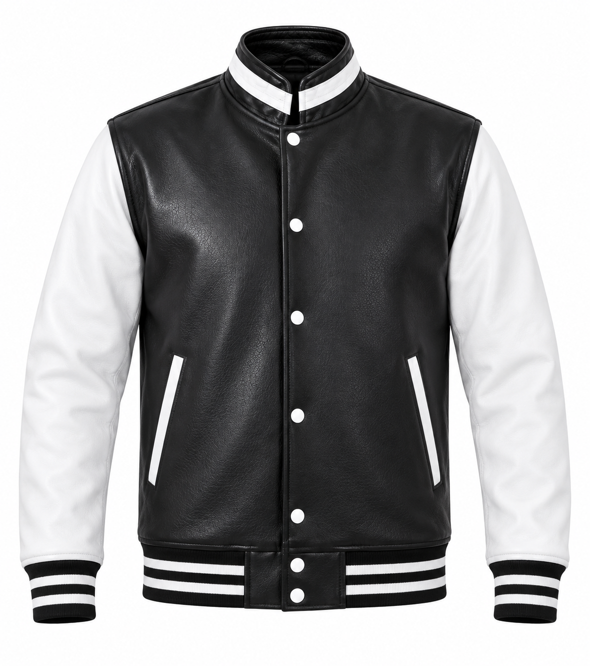 Varsity Jacket with Standup Collar Black and White Cowhide Leather Front View