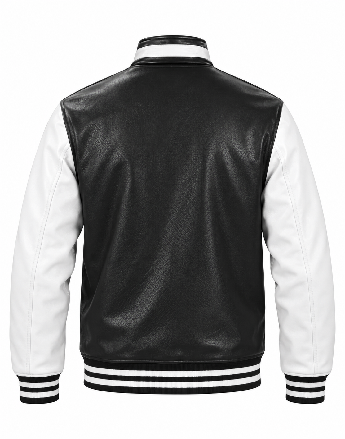 Varsity Jacket with Standup Collar Black and White Cowhide Leather Back View