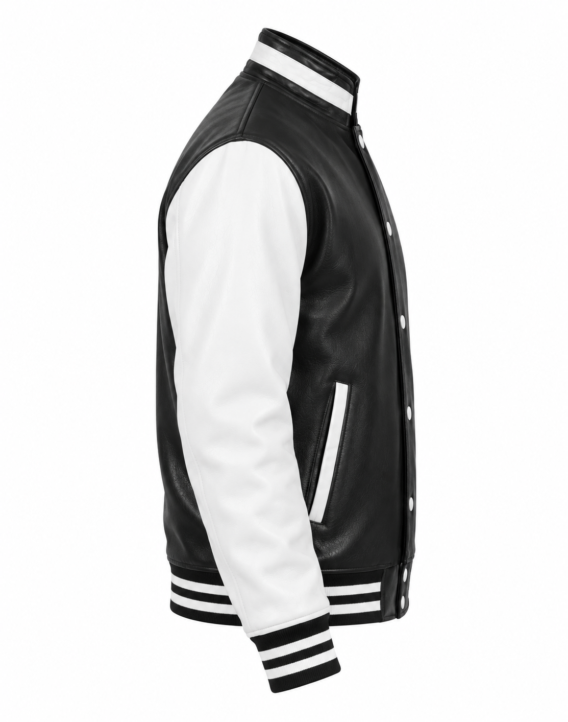 Varsity Jacket with Standup Collar Black and White Cowhide Leather Right Sleeve View