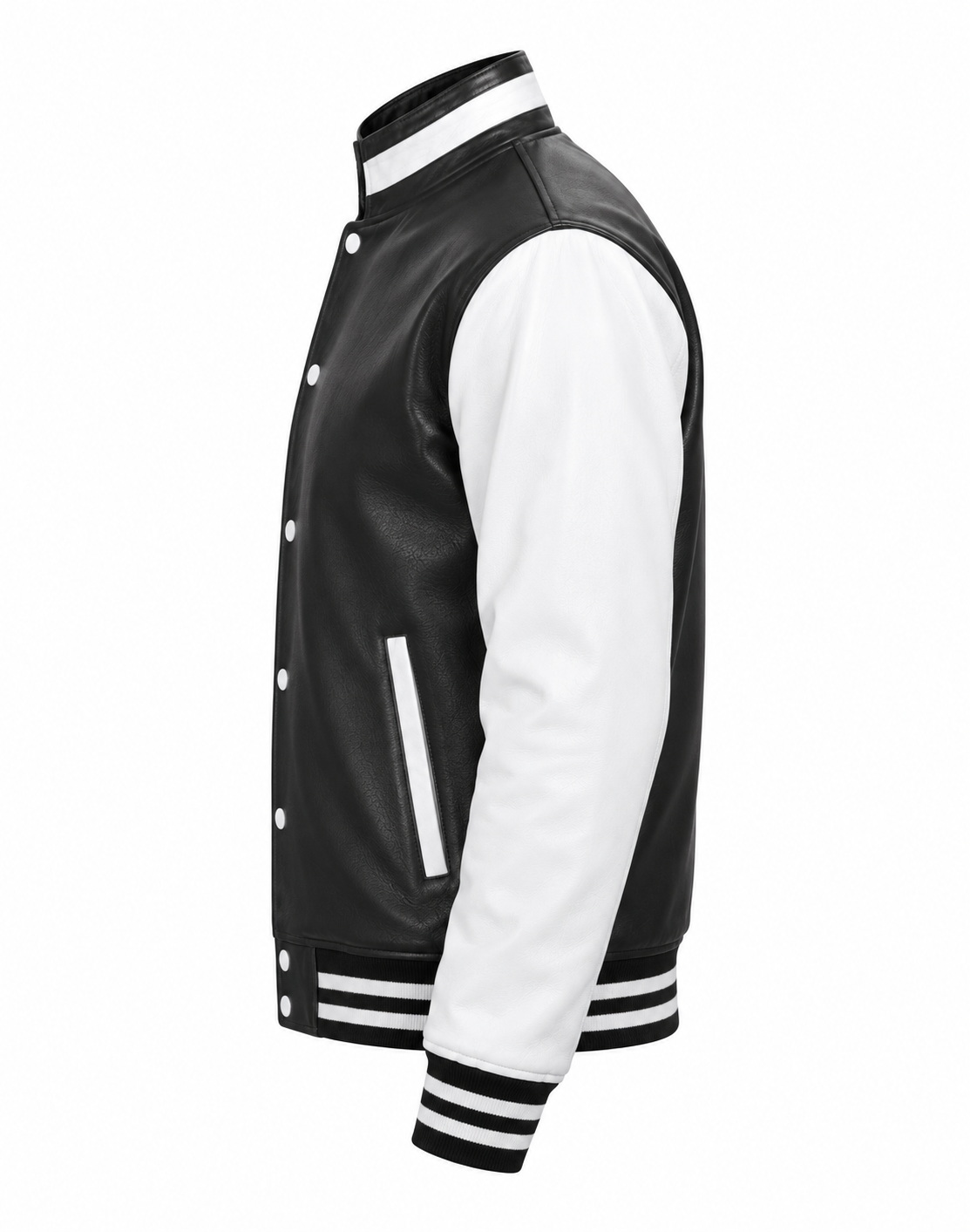 Varsity Jacket with Standup Collar Black and White Cowhide Leather Left Sleeve View