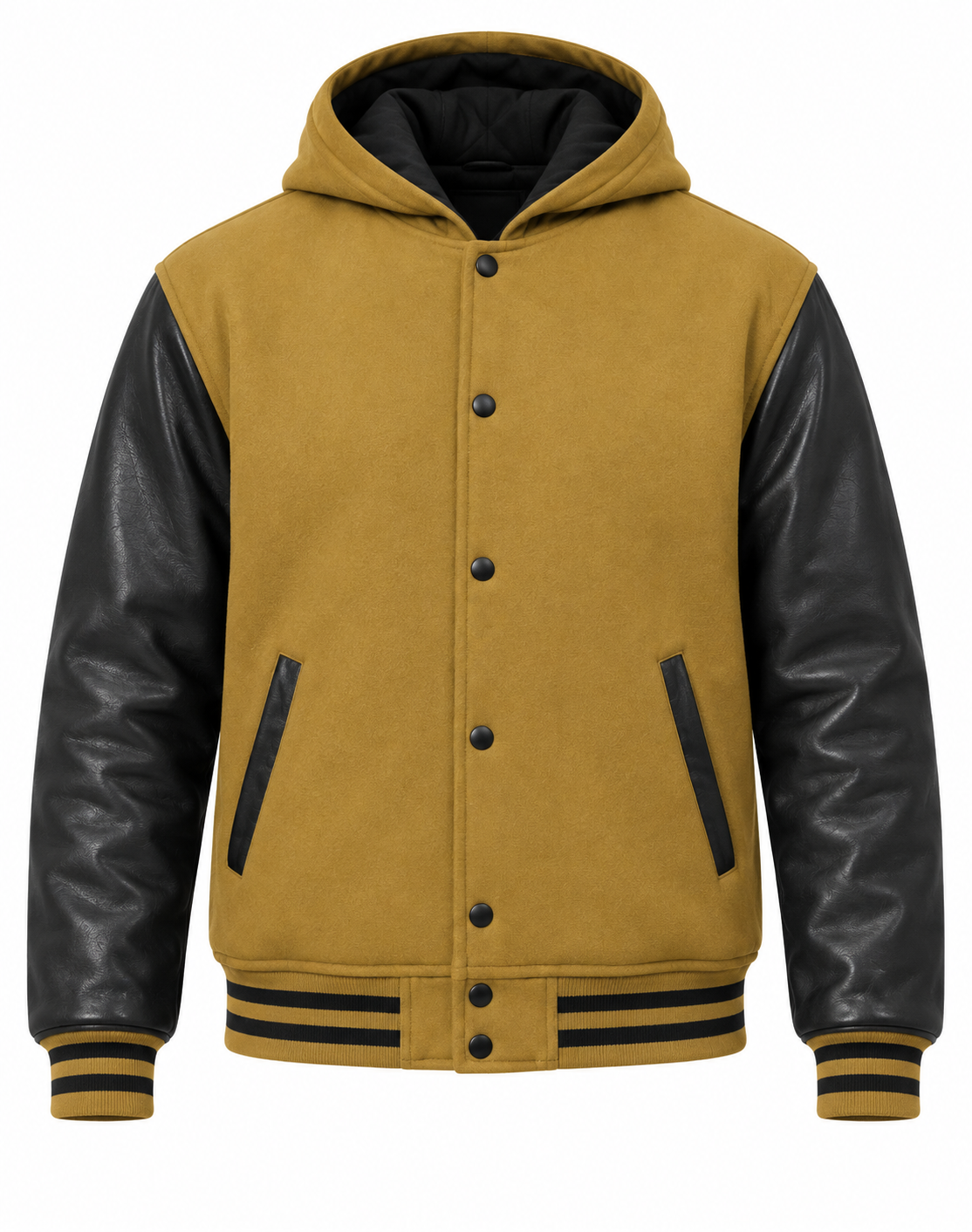 Camel Brown Wool and Black Leather Sleeves Letterman Jacket with Hood Front View