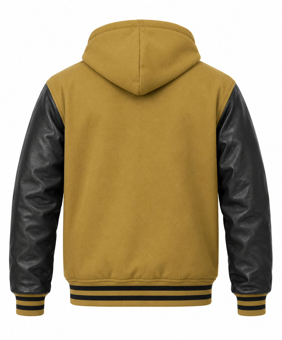 Camel Brown Wool and Black Leather Sleeves Letterman Jacket with Hood Back View