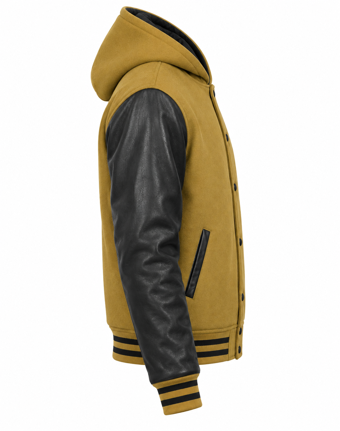 Camel Brown Wool and Black Leather Sleeves Letterman Jacket with Hood Right Sleeve View