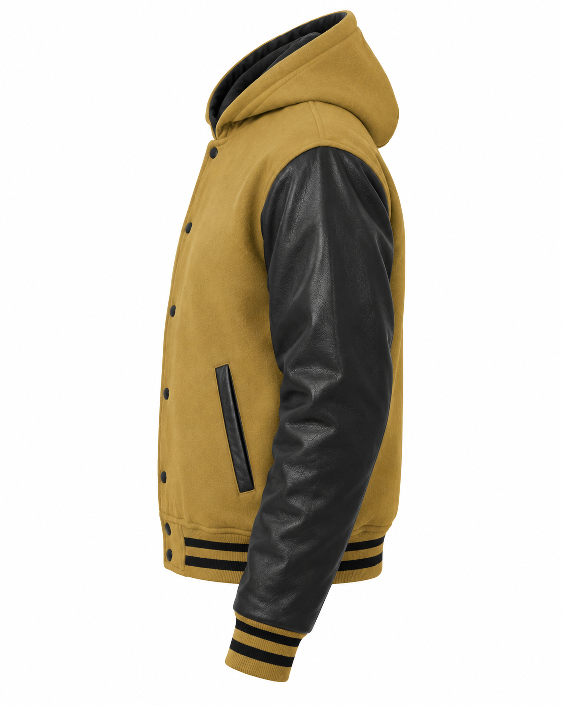 Camel Brown Wool and Black Leather Sleeves Letterman Jacket with Hood Left Sleeve View