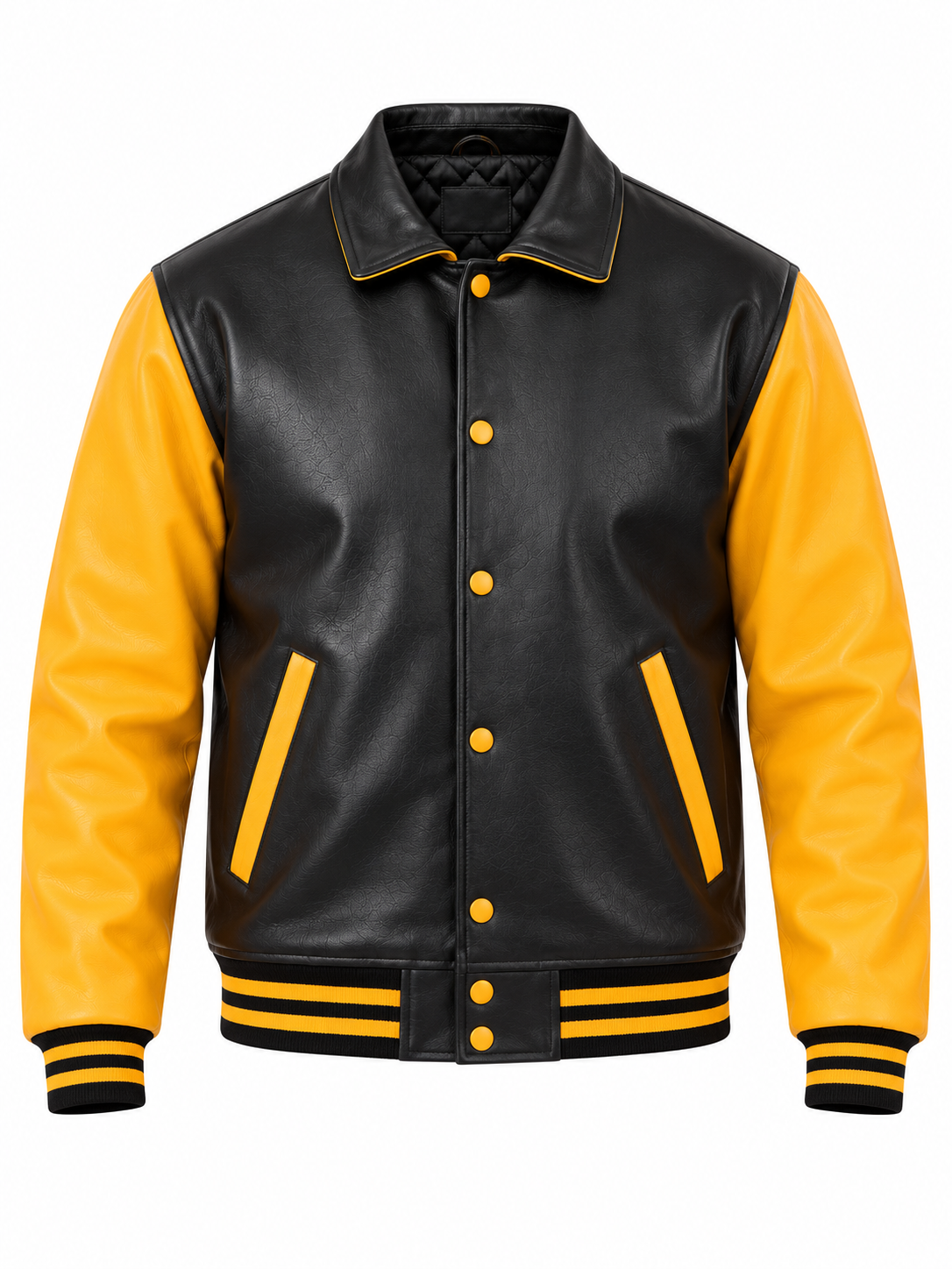Black and Gold Retro Leather Letterman Jacket with Shirt Collar Front View