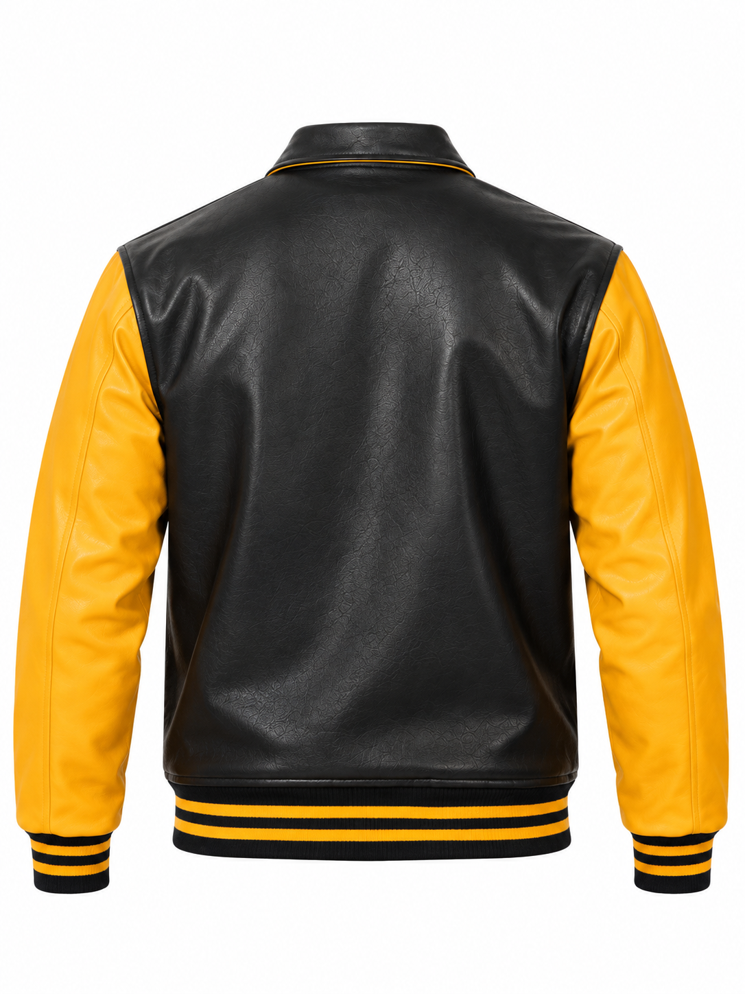 Black and Gold Retro Leather Letterman Jacket with Shirt Collar Back View
