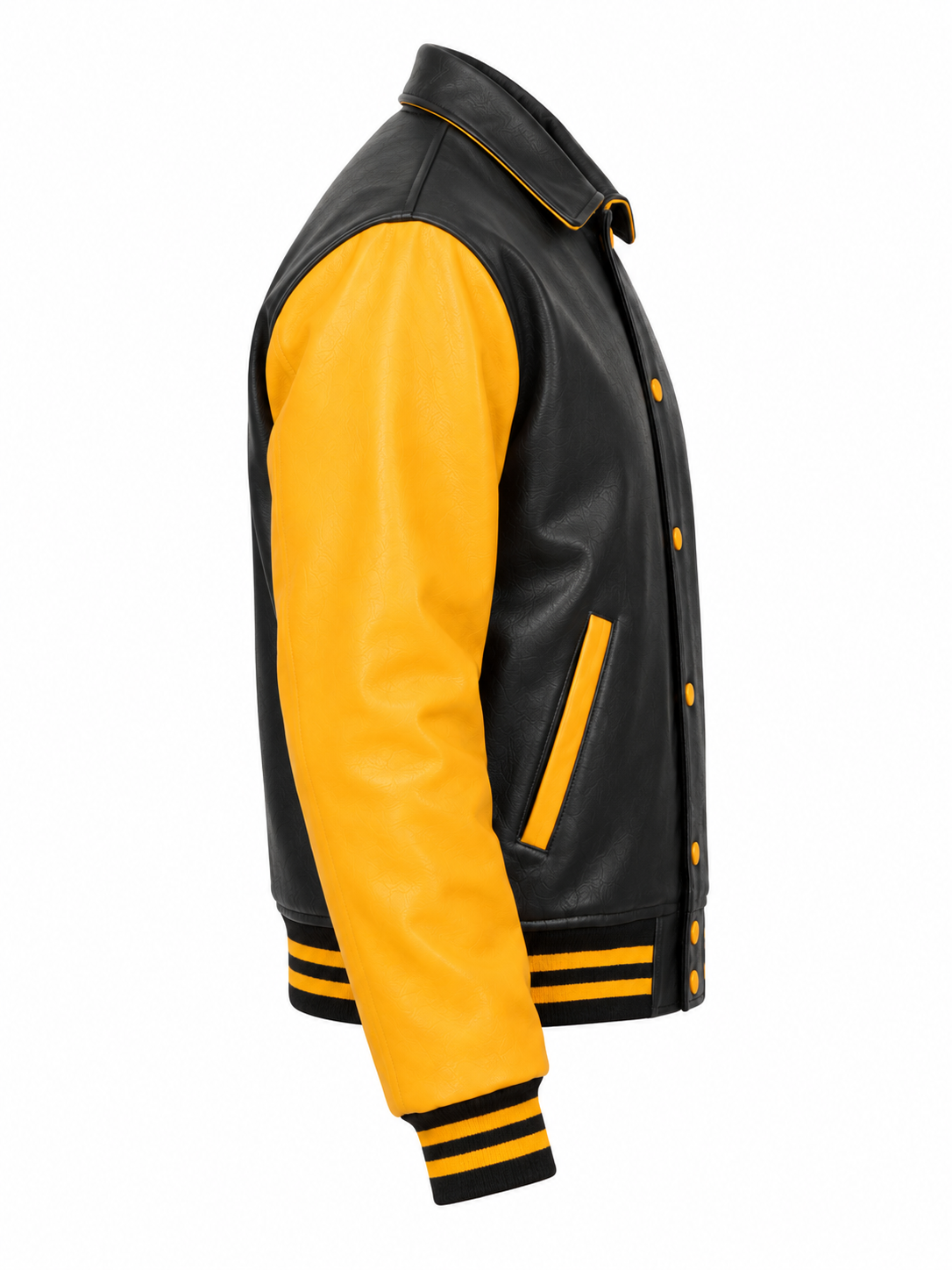 Black and Gold Retro Leather Letterman Jacket with Shirt Collar Right Sleeve View