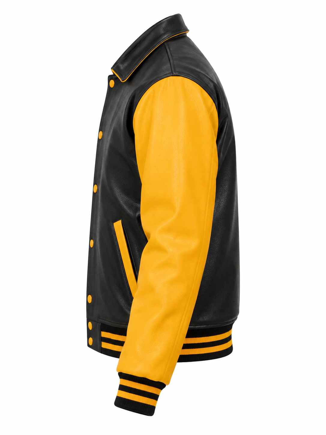 Black and Gold Retro Leather Letterman Jacket with Shirt Collar Left Sleeve View